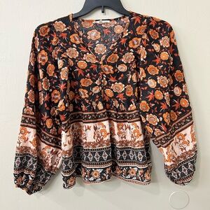Solitaire Floral Boho Blouse Black and Orange Puff Long Sleeves Sz M